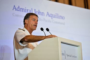Admiral John C. Aquilino, Commander of the United States Indo-Pacific Command speaks at the IISS Special Lecture in Singapore March 16, 2023.