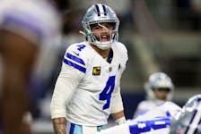 Jan 14, 2024; Arlington, Texas, USA; Dallas Cowboys quarterback Dak Prescott (4) reacts during the first half against the Green Bay Packers for the 2024 NFC wild card game at AT&T Stadium. Mandatory Credit: Tim Heitman-USA TODAY Sports/File Photo