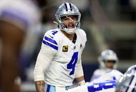 Jan 14, 2024; Arlington, Texas, USA; Dallas Cowboys quarterback Dak Prescott (4) reacts during the first half against the Green Bay Packers for the 2024 NFC wild card game at AT&T Stadium. Mandatory Credit: Tim Heitman-USA TODAY Sports/File Photo