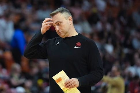Toronto Raptors head coach Darko Rajakovic reacts during the first half against the Miami Heat, Sunday, April 14, 2024, in Miami. 