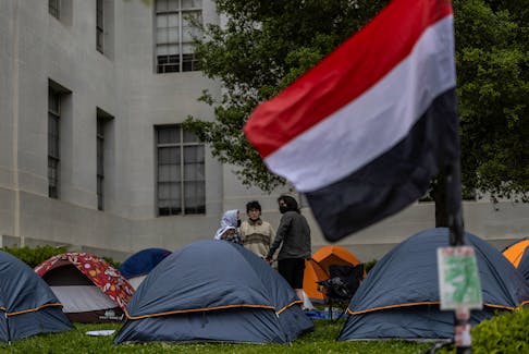 Students attend a protest encampment in support of Palestinians at University of California, Berkeley during the ongoing conflict between Israel and the Palestinian Islamist group Hamas, in Berkeley, U.S., April 23, 2024.