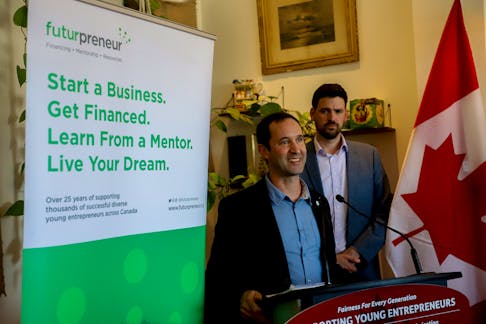 Sean Fraser, Minister of Housing Infrastructure and Communities looks on s David Eisnor Atlantic Lead of Futurpreneur takes questions folloing a news conference concerning a fundin g announcement for youth entrepreneurship at the Mellow Mug in Bedford Monday April 22, 2024.

TIM KROCHAK PHOTO