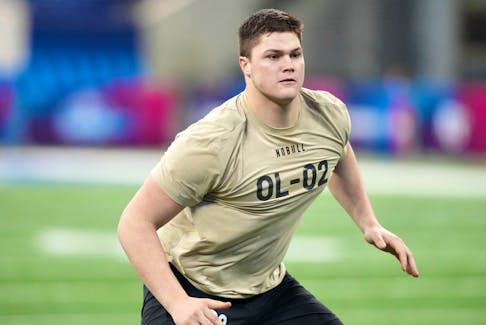 Mar 3, 2024; Indianapolis, IN, USA; Notre Dame offensive lineman Joe Alt (OL02) during the 2024 NFL Combine at Lucas Oil Stadium. Mandatory Credit: Kirby Lee-USA TODAY Sports/File Photo