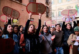 Women hold cardboard cutouts of RU-486 (abortion pill mifepristone) as they demonstrate outside Madama Palace (Senate) against a parliamentary amendment that could make it easier for anti-abortion groups to operate in publicly-run family clinics, in Rome, Italy, April 22, 2024.