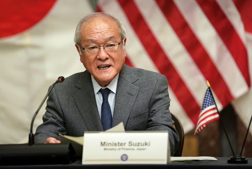 Japanese Finance Minister Shunichi Suzuki speaks during a meeting with U.S. Treasury Secretary Janet Yellen and Korean Finance Minister Choi Sang-mok on the sidelines of the IMF/G20 meetings, at the U.S. Treasury in Washington, U.S., April 17, 2024. 
