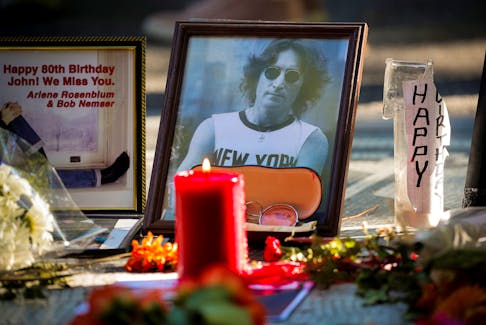 A memorial for late former Beatle John Lennon is seen at the "Imagine" mosaic in the Strawberry Fields section of Central Park to mark Lennon's 80th birthday, in New York City, U.S., October 9, 2020.