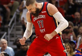 Jonas Valanciunas #17 of the New Orleans Pelicans reacts after a shot against the Sacramento Kings at Smoothie King Center on April 19. 

