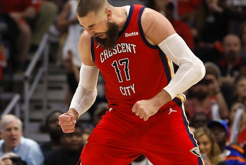 Jonas Valanciunas #17 of the New Orleans Pelicans reacts after a shot against the Sacramento Kings at Smoothie King Center on April 19. 

