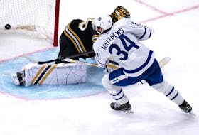 Maple Leafs' Auston Matthews beats Boston Bruins goaltender Linus Ullmark for a goal during the third period of Game 2 of their first-round playoff series, Monday, April 22, 2024, in Boston. 