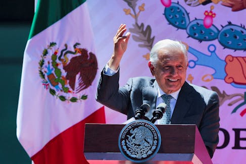 Mexico's President Andres Manuel Lopez Obrador gestures during an event to mark the 86th anniversary of the expropriation of foreign oil firms, at PEMEX headquarters in Mexico City, Mexico. March 18, 2024.