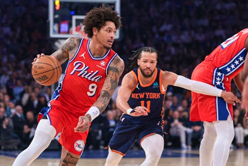 Apr 22, 2024; New York, New York, USA;  Philadelphia 76ers guard Kelly Oubre Jr. (9) dribbles against New York Knicks guard Jalen Brunson (11) during the first half during game two of the first round for the 2024 NBA playoffs at Madison Square Garden. Mandatory Credit: Vincent Carchietta-USA TODAY Sports