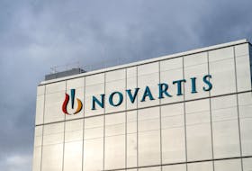 The company's logo is seen at the new cell and gene therapy factory of Swiss drugmaker Novartis in Stein, Switzerland, November 28, 2019.