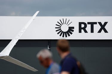 A Raytheon Technologies (RTX) logo is pictured during the 54th International Paris Airshow at Le Bourget Airport near Paris, France, June 19, 2023.