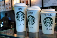 Starbucks cups are pictured on a counter in the Manhattan borough of New York City, New York, U.S., February 16, 2022.