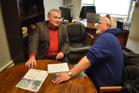 Andy Doran, left, president of the P.E.I. Teachers’ Federation, tells SaltWire reporter Dave Stewart, that when a student acts out in class the rest of the students are taken out of the classroom, thereby causing a disruption in their learning environment. Contributed