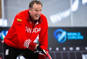 Skip Paul Flemming, above,  and his Halifax rink of third Peter Burgess, second Martin Gavin, lead Kris Granchelli and alternate Kevin Ouellette has advanced to the quarter-finals of the world senior curling championships in Sweden. - Curling Canada