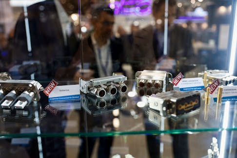 Aerospace components manufactured by Amphenol are displayed at the 54th International Paris Airshow at Le Bourget Airport near Paris, France, June 21, 2023.