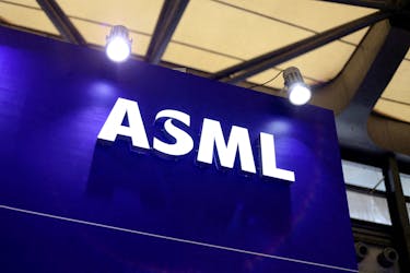 The logo of chip equipment maker ASML is seen at its booth during Semicon China, a trade fair for the semiconductor industry, in Shanghai, China June 29, 2023.