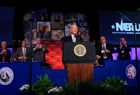 U.S. President Joe Biden, who just announced his reelection campaign for president, delivers remarks at North America's Building Trades Unions Legislative Conference at the Washington Hilton, Washington D.C, U.S., April 25, 2023.