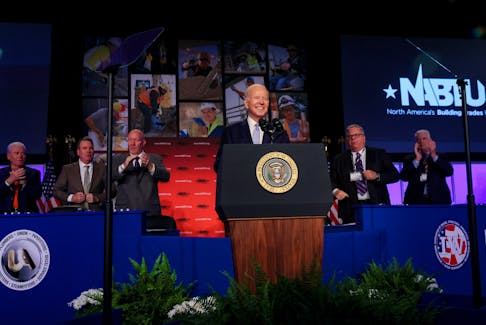 U.S. President Joe Biden, who just announced his reelection campaign for president, delivers remarks at North America's Building Trades Unions Legislative Conference at the Washington Hilton, Washington D.C, U.S., April 25, 2023.