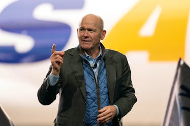Dave Calhoun, CEO of Boeing, speaks on stage during the delivery of the final 747 jet at their plant in Everett, Washington, U.S. January 31, 2023. 