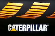 Caterpillar logo is pictured at the 'Bauma' Trade Fair for Construction Machinery, Building Material Machines, Mining Machines, Construction Vehicles and Construction Equipment in Munich, Germany, April 8, 2019.