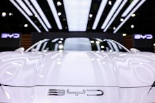 The BYD logo is displayed on a vehicle in Bangkok, Thailand, March 25, 2024.