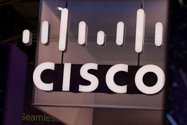 The Cisco logo is displayed, during the GSMA's 2023 Mobile World Congress (MWC) in Barcelona, Spain March 1, 2023.