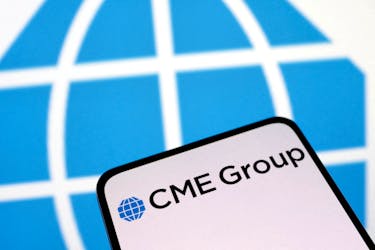 CME Group Inc logo is seen displayed in this illustration taken April 10, 2023.