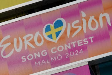 A sign in the city centre advertises the 2024 Eurovision Song Contest in Malmo, Sweden, April 17, 2024.