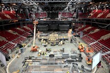 People work on the stage to be used in the 2024 Eurovision Song Contest in Malmo Arena, which was shown to the media at a press conference, in Malmo, Sweden, April 11, 2024. Johan NilssonTT News Agency/via