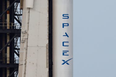 The SpaceX logo is shown on a Falcon 9 rocket as it is prepared for launch to carry NASA's SpaceX Crew-8 astronauts Matthew Dominick, Michael Barratt, and Jeanette Epps, and Roscosmos cosmonaut Alexander Grebenkin to the International Space Station at the Kennedy Space Center, in Cape Canaveral,  Florida, U.S., March 2, 2024.