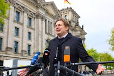 Maximilian Krah, member of the European Parliament for the far-right Alternative for Germany and AfD's top candidate in June's election to the assembly, gives a statement, after an aide has been arrested in Germany on suspicion of "especially severe" espionage for China, in Berlin, Germany, April 24, 2024.