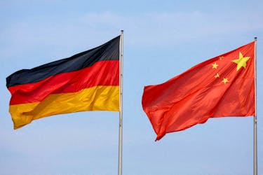 The flags of Germany and China are seen in Berlin, Germany, June 19, 2023.