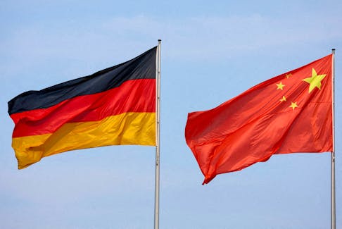 The flags of Germany and China are seen in Berlin, Germany, June 19, 2023.