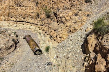 A drone view of the apparent remains of a ballistic missile, as it lies in the desert following a massive missile and drone attack by Iran on Israel, near the southern city of Arad, Israel April 24, 2024
