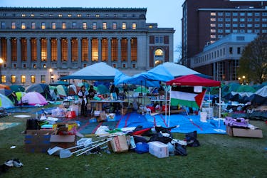 Protesters continue to maintain the encampment on Columbia University campus, after a tense night of negotiations, in support of Palestinians, amid the ongoing conflict between Israel and the Palestinian Islamist group Hamas, in New York City, U.S., April 24, 2024,