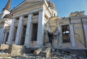 A views shows the Transfiguration Cathedral damaged during a Russian missile strike, amid Russia's attack on Ukraine, in Odesa, Ukraine July 23, 2023.