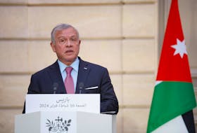 King of Jordan Abdullah II speaks while making a joint statement with French President Emmanuel Macron at the Elysee Palace in Paris, France, 16 February 2024.   YOAN VALAT/Pool via