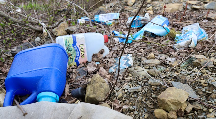 Discarded plastic containers litter sone brush in north-end Dartmouth Wednesday April 24,2024.

TIM KROCHAK PHOTO