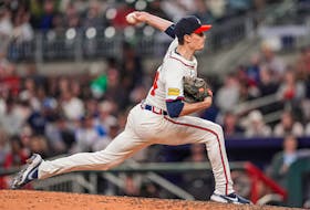 Apr 23, 2024; Cumberland, Georgia, USA; Atlanta Braves pitcher Max Fried (54) pitches against the Miami Marlins during the ninth inning at Truist Park. Mandatory Credit: Dale Zanine-USA TODAY Sports