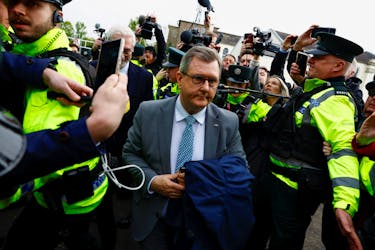 Jeffrey Donaldson, former leader of the Democratic Unionist Party (DUP) charged with historical sex offences, arrives at the Newry Magistrates Court, in Newry, Northern Ireland, April 24, 2024.
