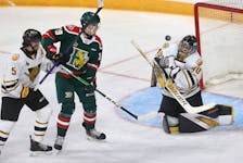 Halifax Mooseheads Reece Peitzsche has his backhand stopped by Victoriaville Tigres goalie Nathan Darveau during QMJHL action in Haifax Friday October 6, 2023.

TIM KROCHAK PHOTOduring QMJHL action in Haifax Friday October 6, 2023.

TIM KROCHAK PHOTO