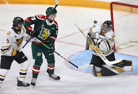 Halifax Mooseheads Reece Peitzsche has his backhand stopped by Victoriaville Tigres goalie Nathan Darveau during QMJHL action in Haifax Friday October 6, 2023.

TIM KROCHAK PHOTOduring QMJHL action in Haifax Friday October 6, 2023.

TIM KROCHAK PHOTO