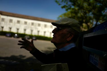 Colonel Correia Bernardo, one of Portugal's Carnation Revolution militaries named "April Captains", gestures inside the former Practical Cavalry School in Santarem, from where militaries left towards Lisbon in April 1974 to overthrow Marcelo Caetano's dictatorship, in Portugal, April 15, 2024. 