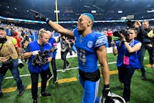 Jan 21, 2024; Detroit, Michigan, USA; Detroit Lions wide receiver Amon-Ra St. Brown (14) reacts after winning a 2024 NFC divisional round game against the Tampa Bay Buccaneers at Ford Field. Mandatory Credit: Lon Horwedel-USA TODAY Sports/File Photo