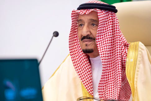 Saudi King Salman bin Abdulaziz gives a virtual speech during the 15th annual G20 Leaders' Summit in Riyadh, Saudi Arabia, November 22, 2020. Bandar Algaloud/Courtesy of Saudi Royal Court/Handout via
