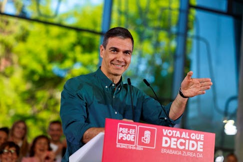 Spain's Prime Minister Pedro Sanchez addresses a Basque Socialist Party meeting, ahead of Sunday's regional elections in Spain's Basque Country, where left-wing separatist party EH Bildu seek to dislodge the conservative Basque Nationalist Party (PNV), in power almost continuously since the 1980's, in Bilbao, Spain, April 19, 2024.