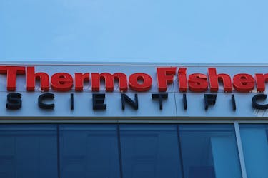 A sign marks the offices of Thermo Fisher Scientific offices in Waltham, Massachusetts, U.S., August 2, 2023.