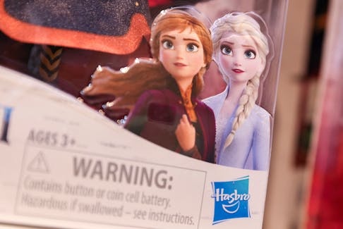 The Hasbro, Inc. logo is seen on Frozen 2 toys for sale in a store in Manhattan, New York, U.S., November 16, 2021.